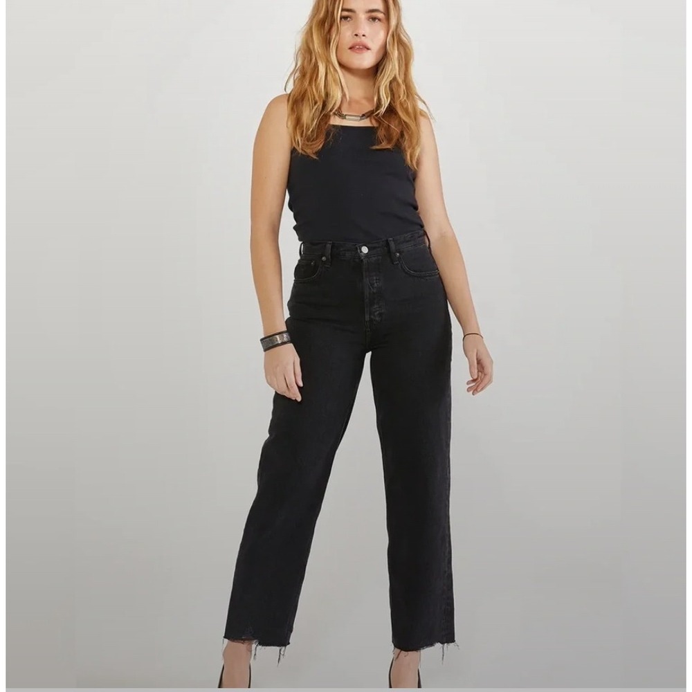 Etica Tyler High Rise Straight Leg Jeans Smokey Mountain Black Raw Hem 27